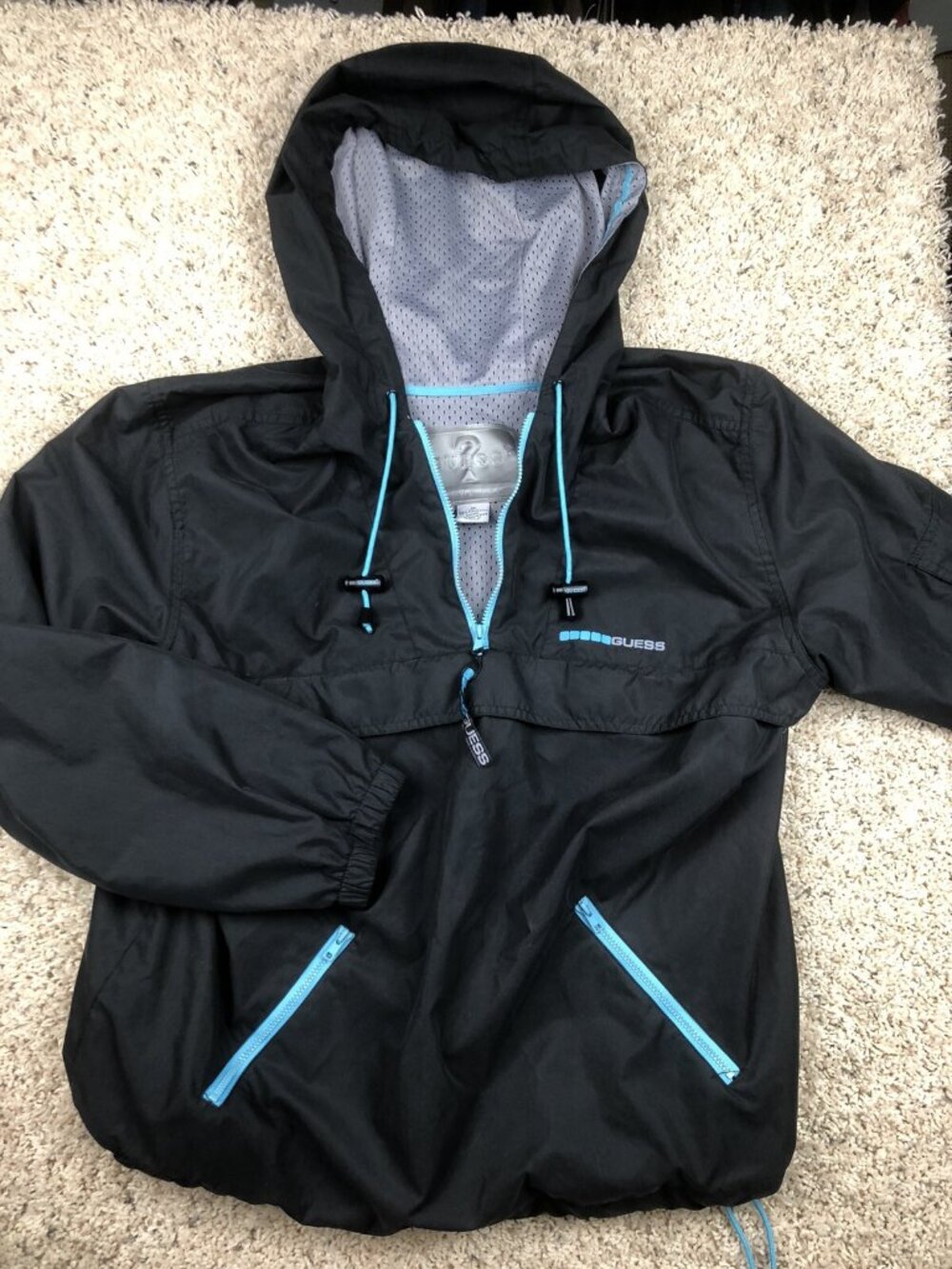 Guess Jeans USA Adult Size Medium Jacket Black Blue Polyester Windbreaker Lined